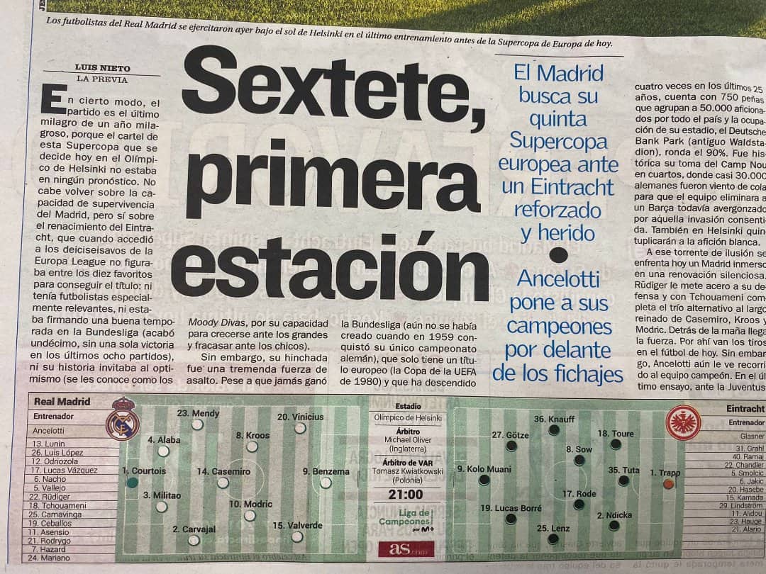 Najavljeni sastavi za meč Real - Ajntraht, španski list As (FOTO: Privatna arhiva)